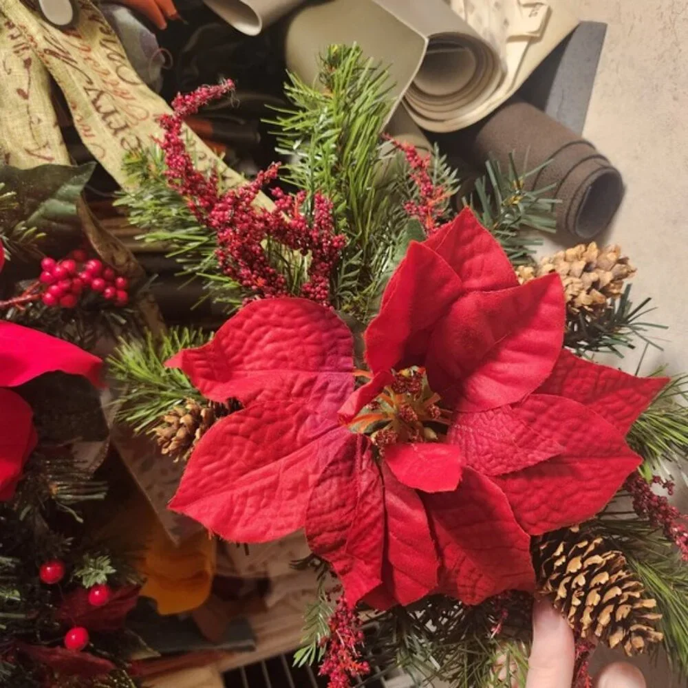 Christmas Poinsettia Door Swag Red Floral‎ Pine Cone Berry Wreath Accent